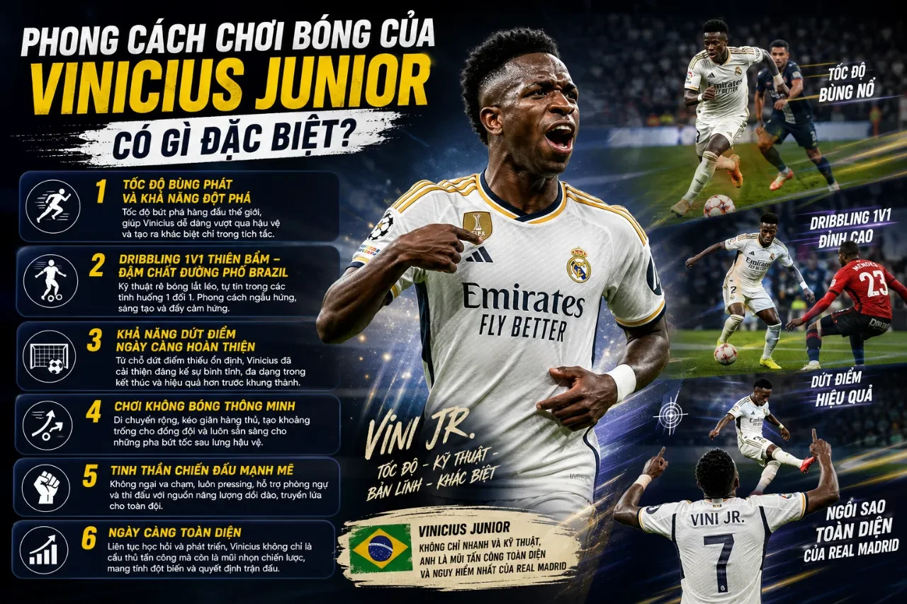 Vinicius Junior thực hiện động tác đi bóng lắt léo vượt qua hậu vệ đối phương trên sân cỏ
