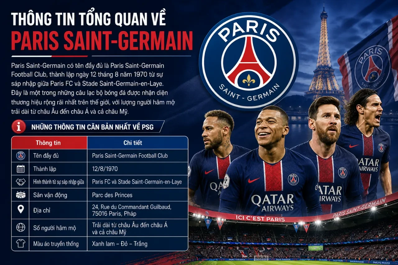 Bảng dữ liệu tóm tắt ngày thành lập thành phố và thông số quản trị thương mại của đội bóng thủ đô Paris
