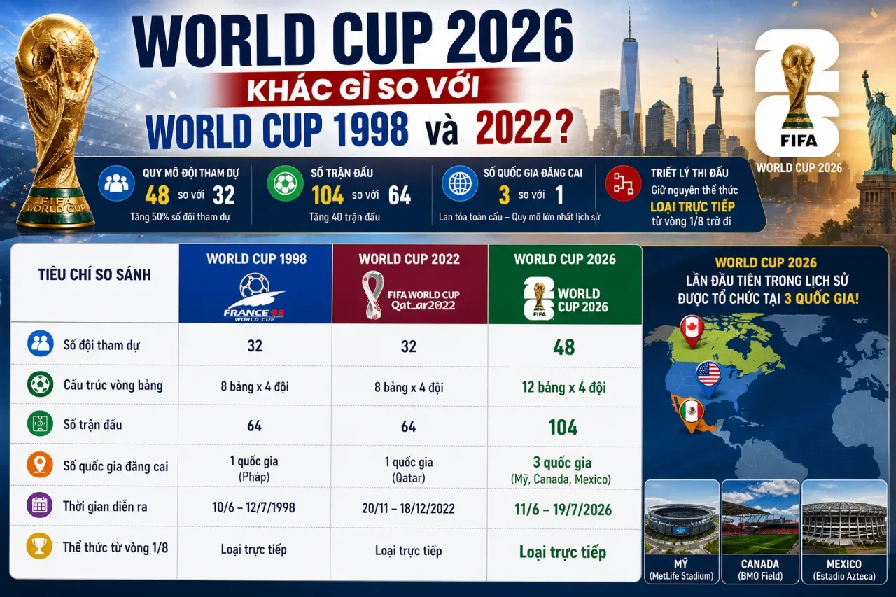 So sánh chi tiết thông số phát triển và quy mô các kỳ World Cup năm 1998, 2022 và 2026