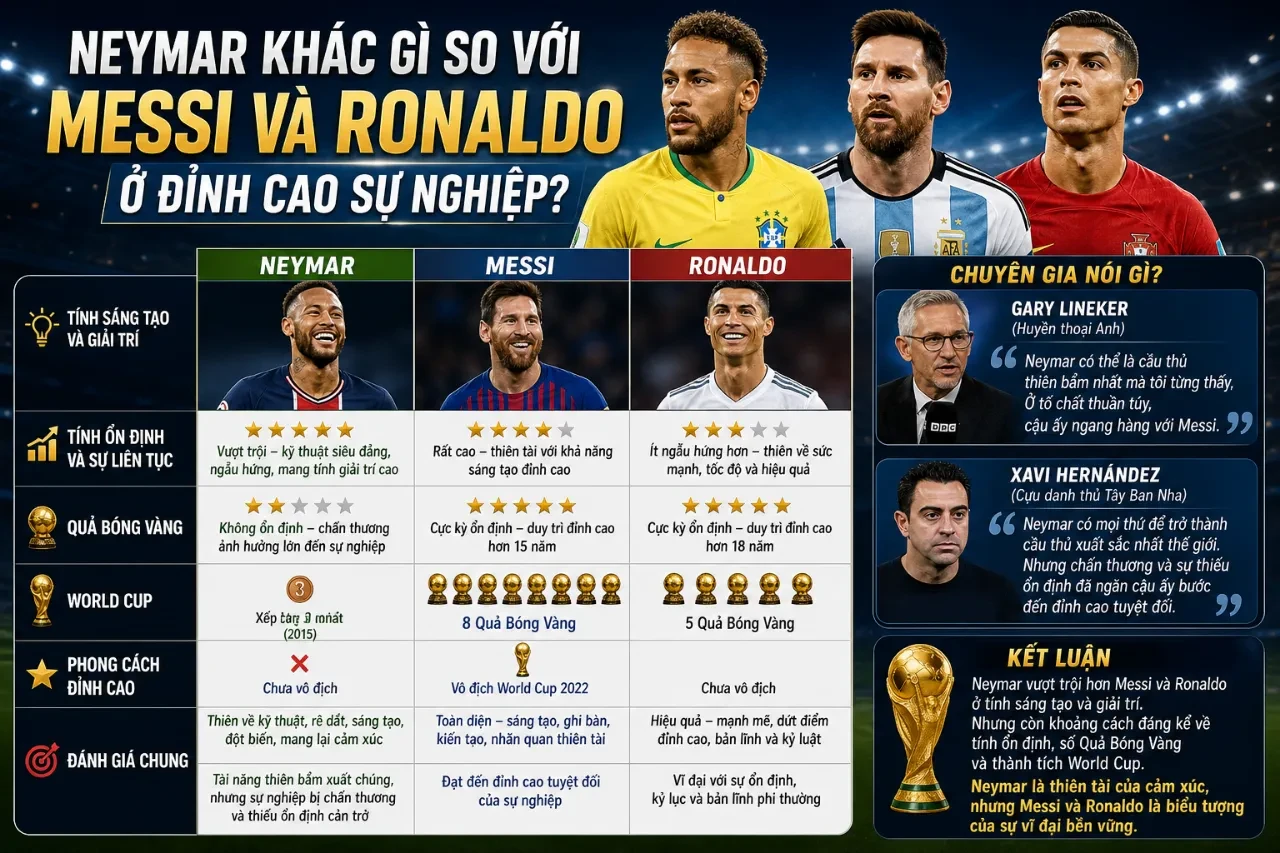 Đồ thị so sánh các chỉ số tấn công đỉnh cao giữa ba siêu sao bóng đá thế giới
