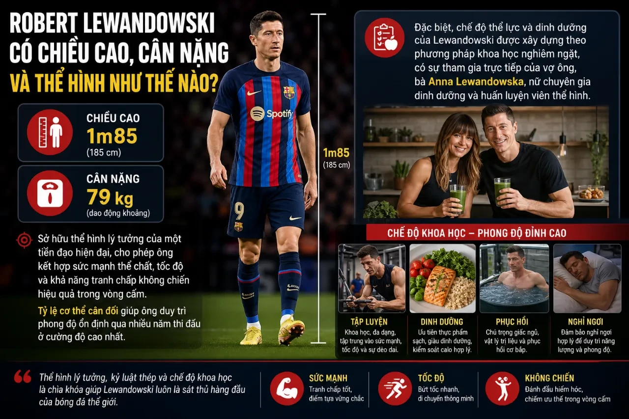 Cận cảnh thể hình săn chắc và cơ bắp cuồn cuộn của trung phong Robert Lewandowski qua chế độ ăn khoa học