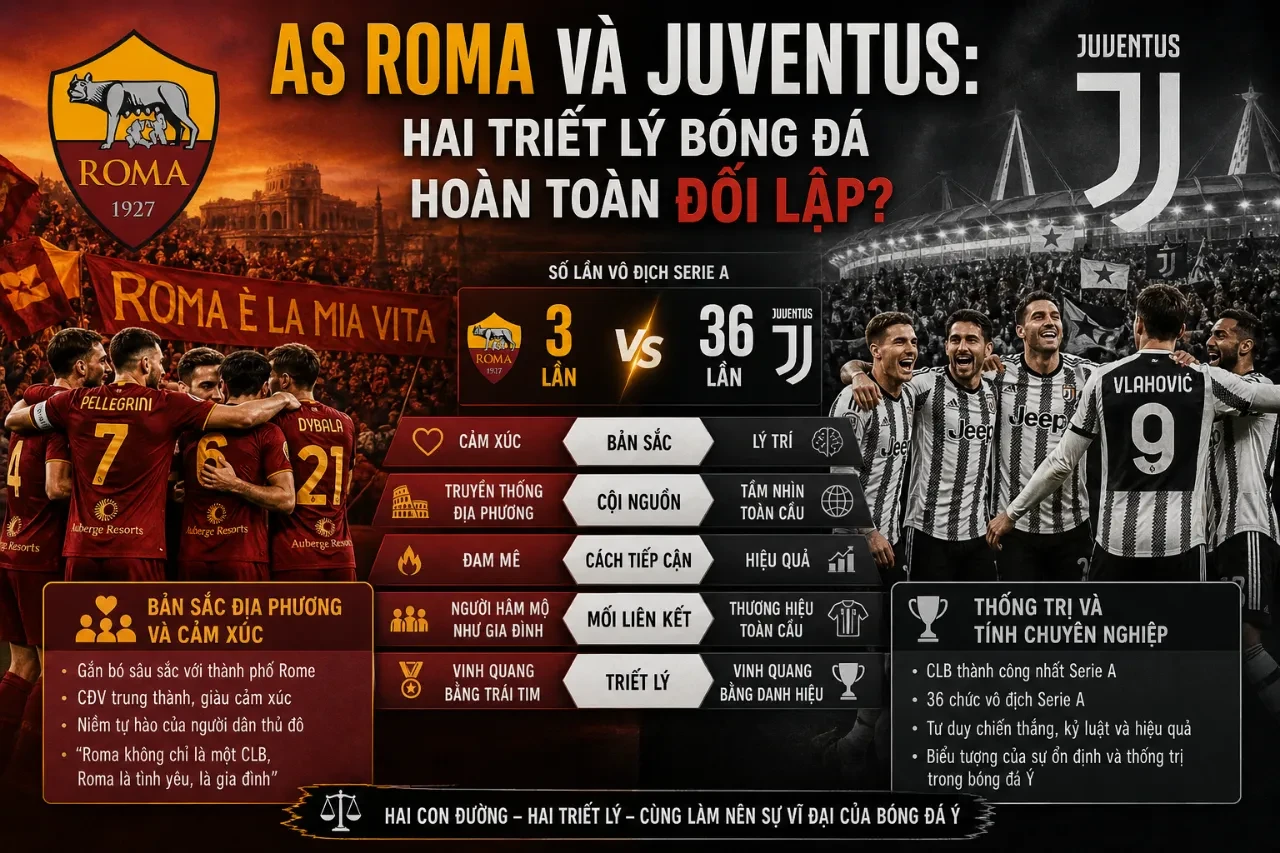 Sự đối lập sâu sắc về triết lý bóng đá giữa hai thế lực AS Roma và Juventus