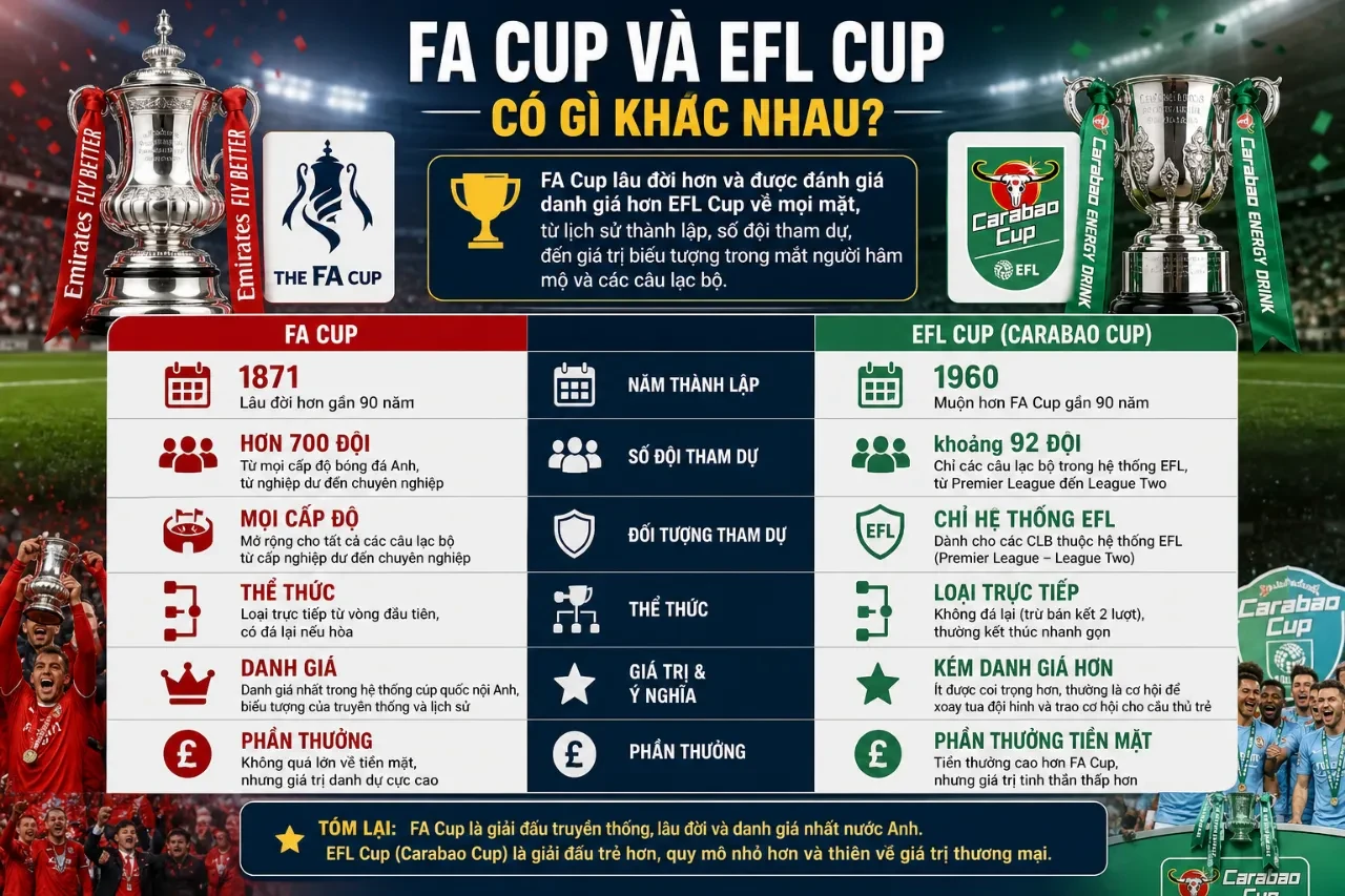 Hình ảnh so sánh quy mô và thiết kế hai cúp vô địch FA Cup và EFL Cup