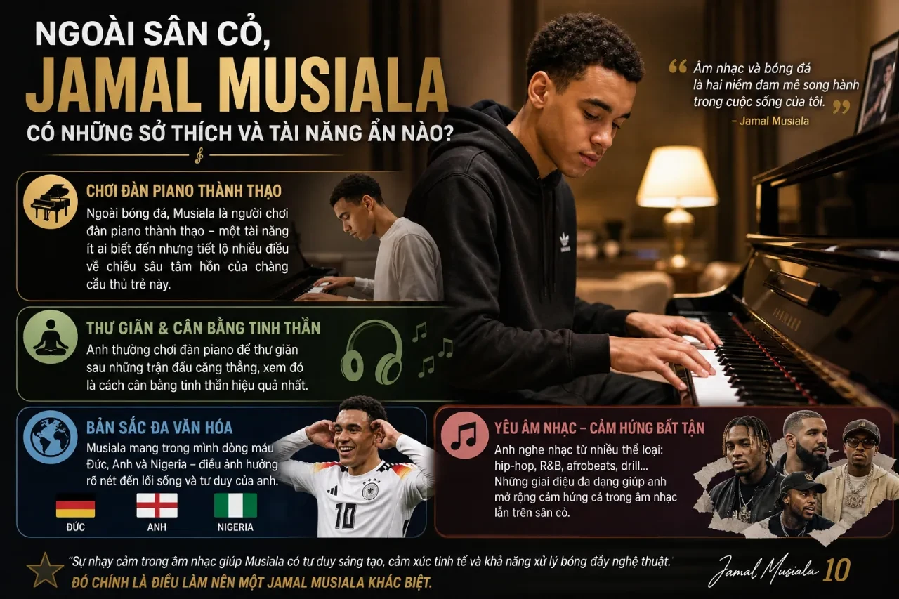 Jamal Musiala thư giãn bên cây đàn piano ngoài giờ thi đấu