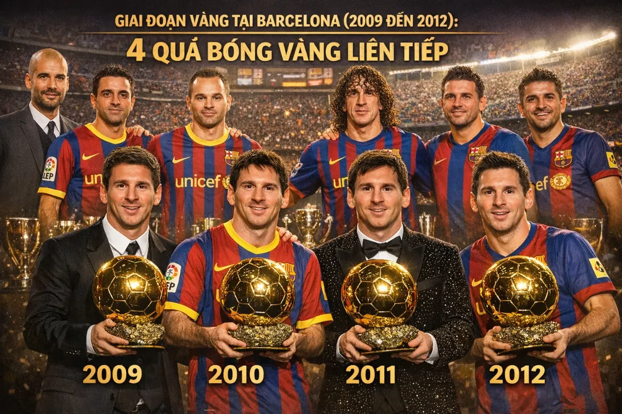 Lionel Messi rạng rỡ bên 4 danh hiệu Quả Bóng Vàng liên tiếp giành được tại Barcelona