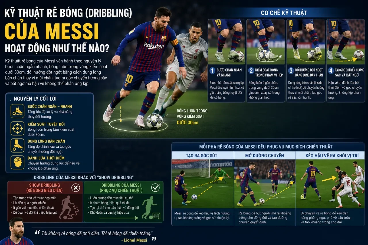 Kỹ thuật khống chế và giữ bóng dính chặt trong chân ở cự ly hẹp của Lionel Messi