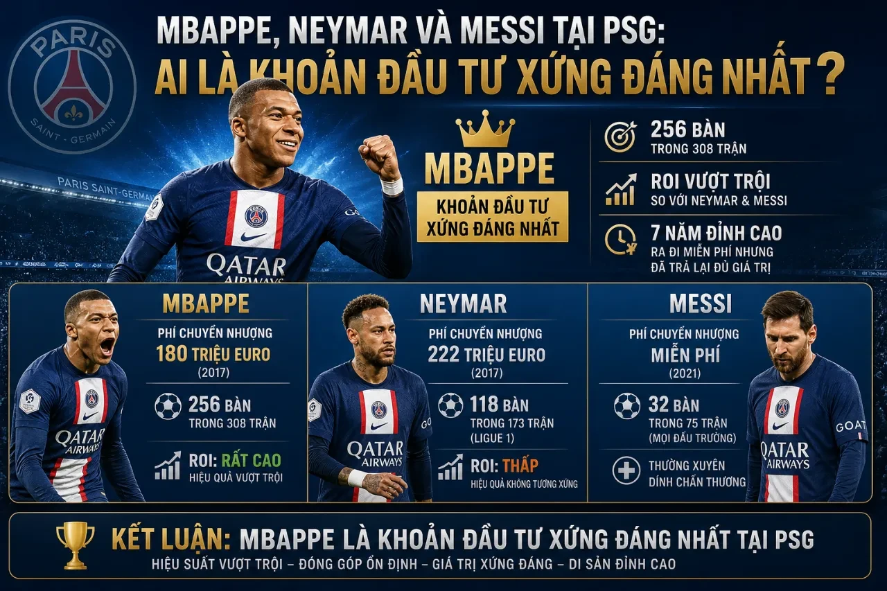 Bộ ba siêu sao Kylian Mbappé, Neymar và Lionel Messi trong màu áo Paris Saint-Germain