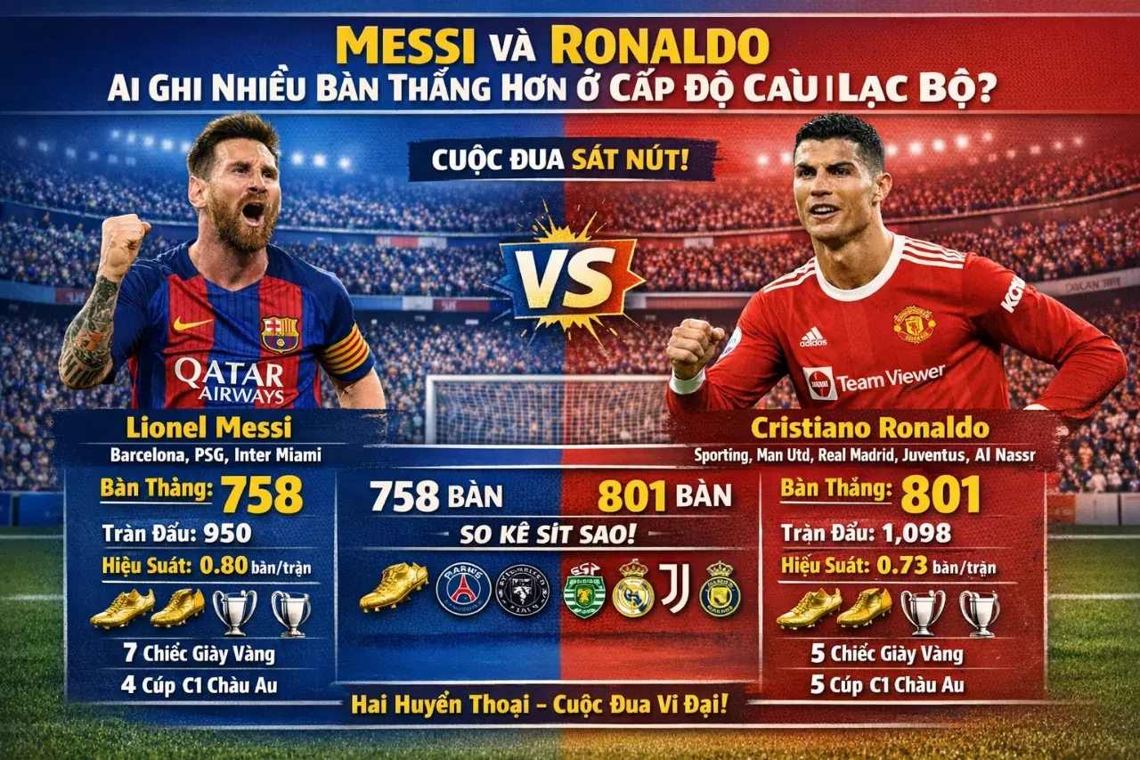 Hình ảnh so sánh phong độ ghi bàn xuất sắc của Lionel Messi và Cristiano Ronaldo tại câu lạc bộ