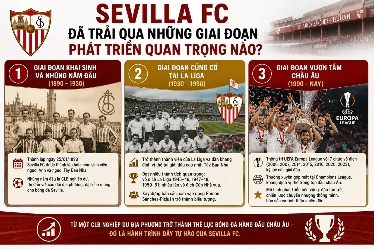 Bản đồ dòng thời gian mô tả 3 giai đoạn phát triển lịch sử cốt lõi của câu lạc bộ Sevilla FC từ năm 1890 đến nay