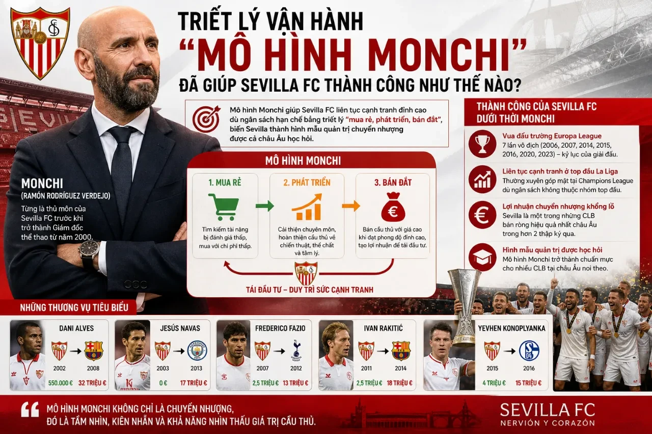 Sơ đồ quy trình trinh sát và vận hành chuyển nhượng cầu thủ theo mô hình Monchi tại Sevilla FC