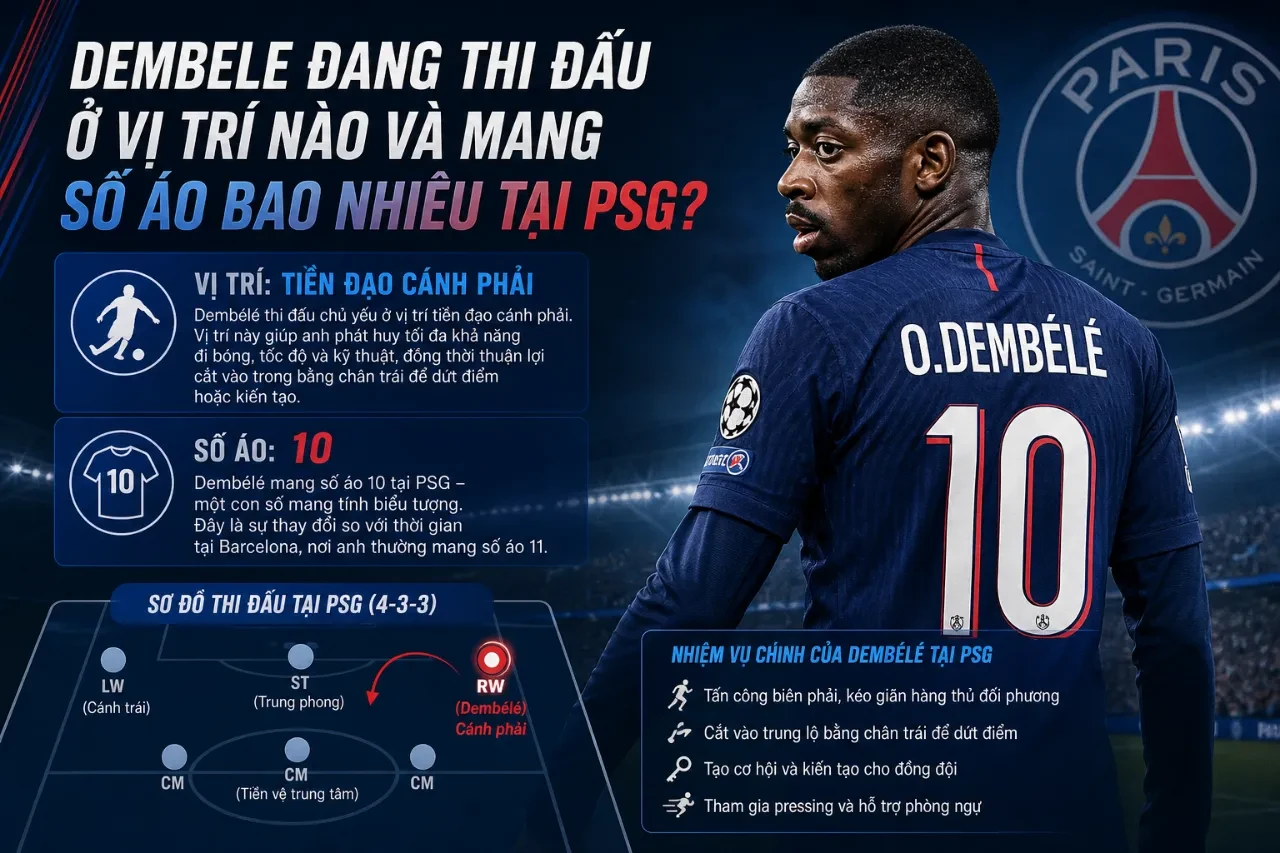 Ousmane Dembélé khoác áo số 10 thi đấu ở vị trí tiền đạo cánh phải tại PSG