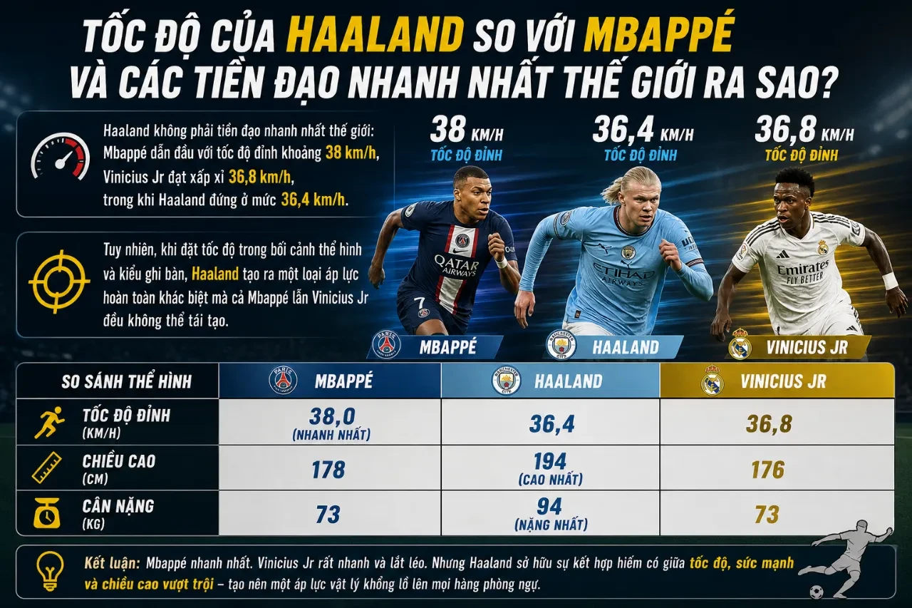 So sánh phong cách tăng tốc áp đảo giữa Erling Haaland và Kylian Mbappé