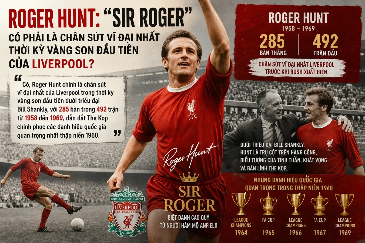 Chân dung huyền thoại Roger Hunt biệt danh Sir Roger người ghi 285 bàn cho Liverpool