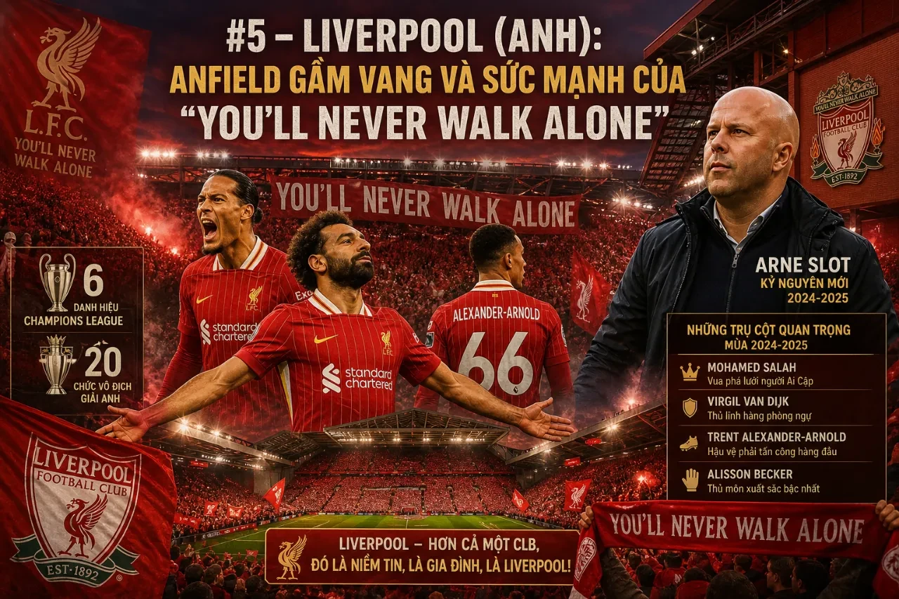 Cổ động viên Liverpool hát vang bản hùng ca You'll Never Walk Alone trên khán đài Anfield