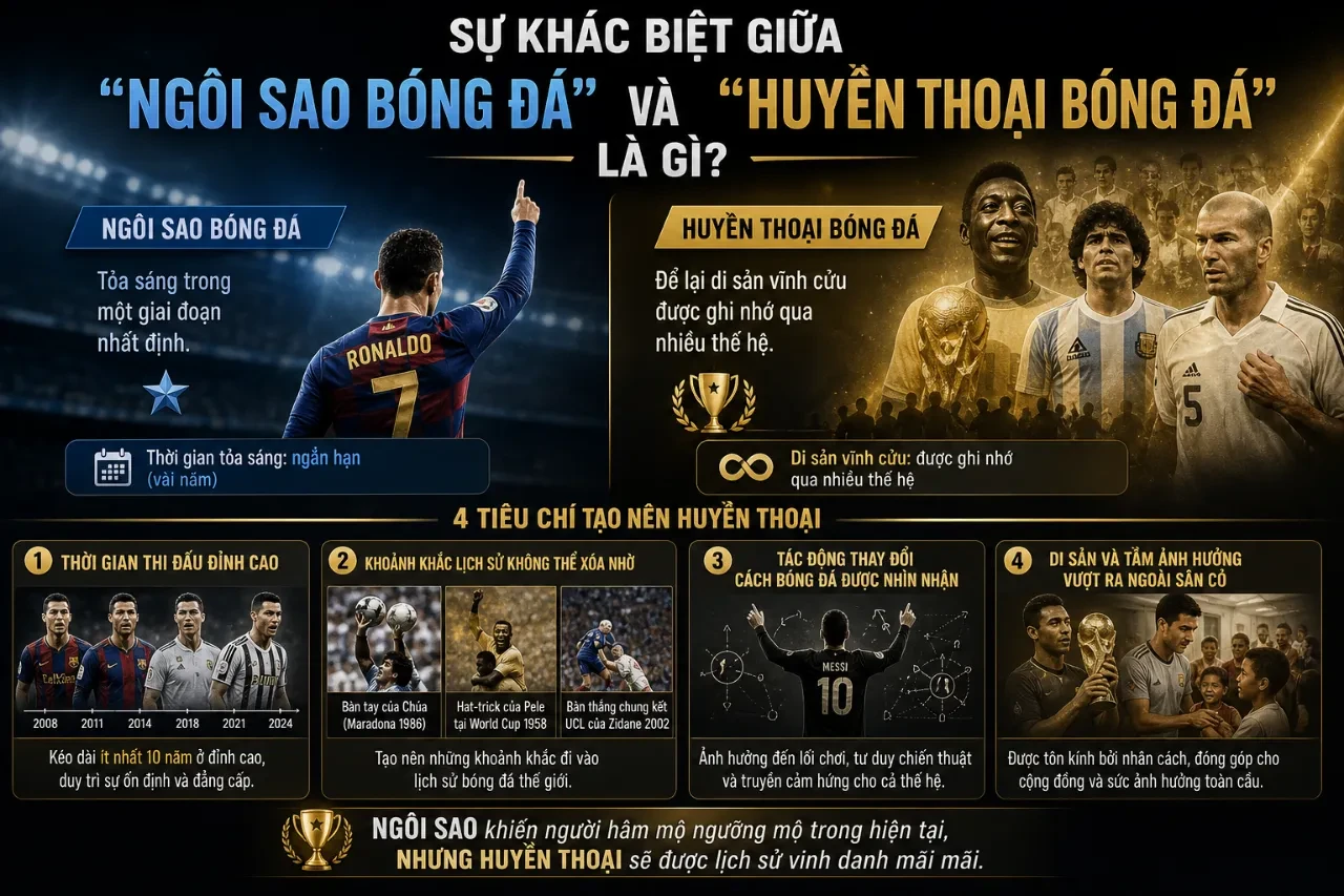 Hình ảnh minh họa ranh giới giữa một ngôi sao bóng đá xuất sắc đương đại và một huyền thoại vĩ đại vượt thời gian
