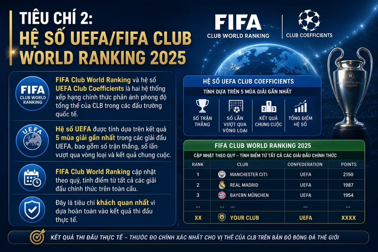 Bảng xếp hạng hệ số điểm UEFA đánh giá phong độ thi đấu của các đội bóng châu Âu