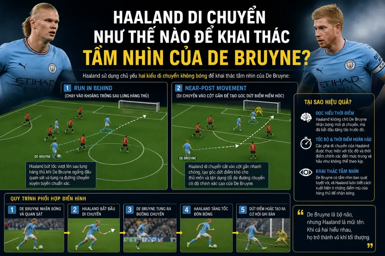 Erling Haaland tăng tốc di chuyển không bóng đón đường chuyền của De Bruyne