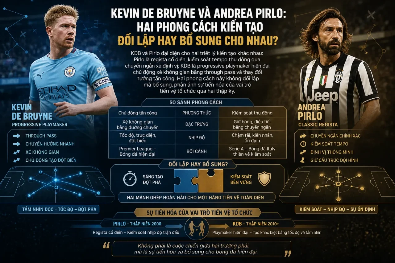 So sánh nhãn quan chiến thuật và kỹ năng tổ chức trận đấu giữa Kevin De Bruyne và Andrea Pirlo