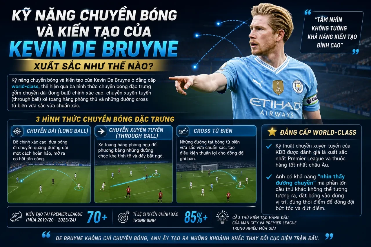 Kevin De Bruyne thực hiện đường chuyền kiến tạo xé phên hàng phòng ngự đối phương