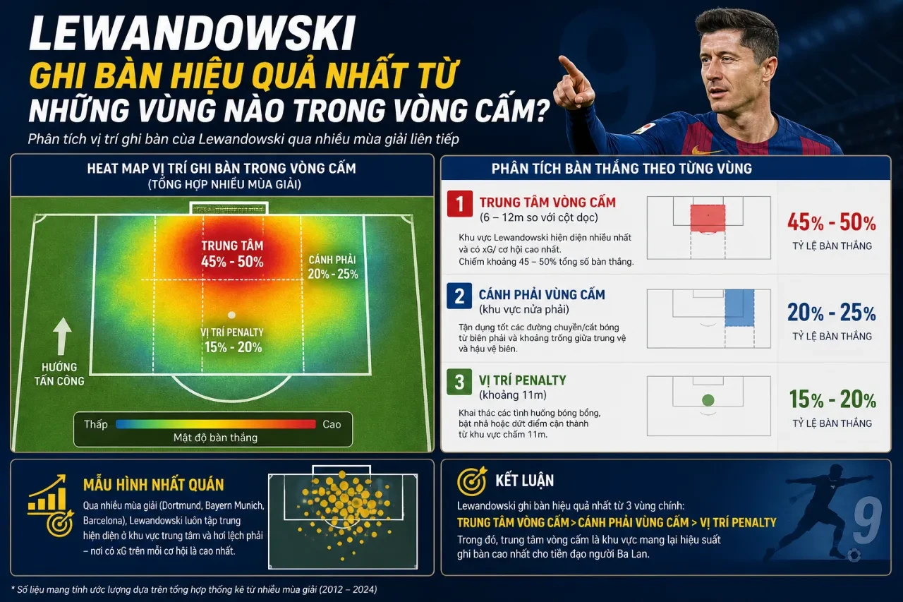 Biểu đồ nhiệt vị trí ghi bàn quen thuộc của Robert Lewandowski trong vòng cấm