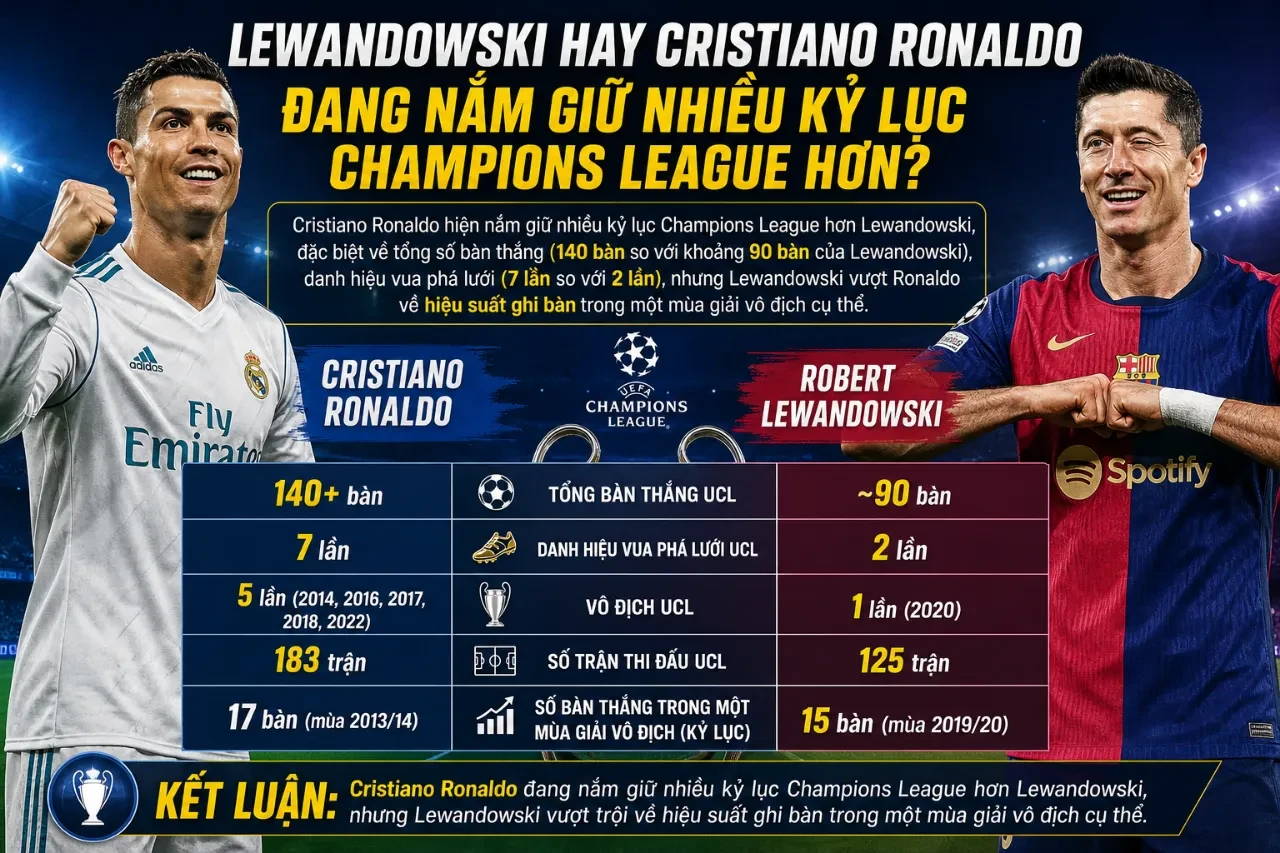So sánh thành tích kỷ lục tại Champions League giữa Robert Lewandowski và Cristiano Ronaldo