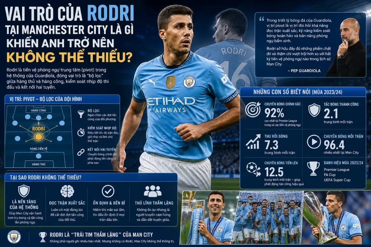 Rodri tập trung cao độ thi đấu và kiểm soát khu vực trung tuyến Man City