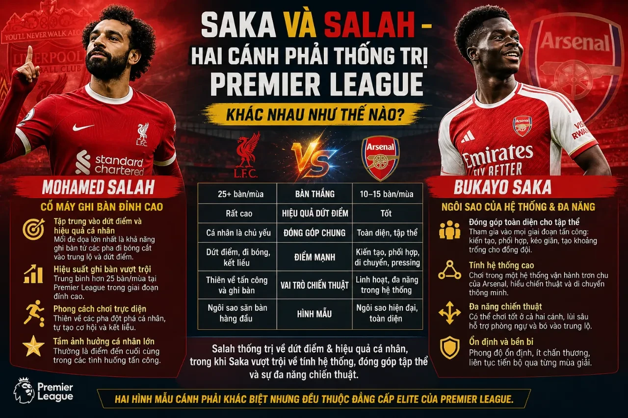 So sánh phong cách thi đấu giữa Bukayo Saka và Mohamed Salah