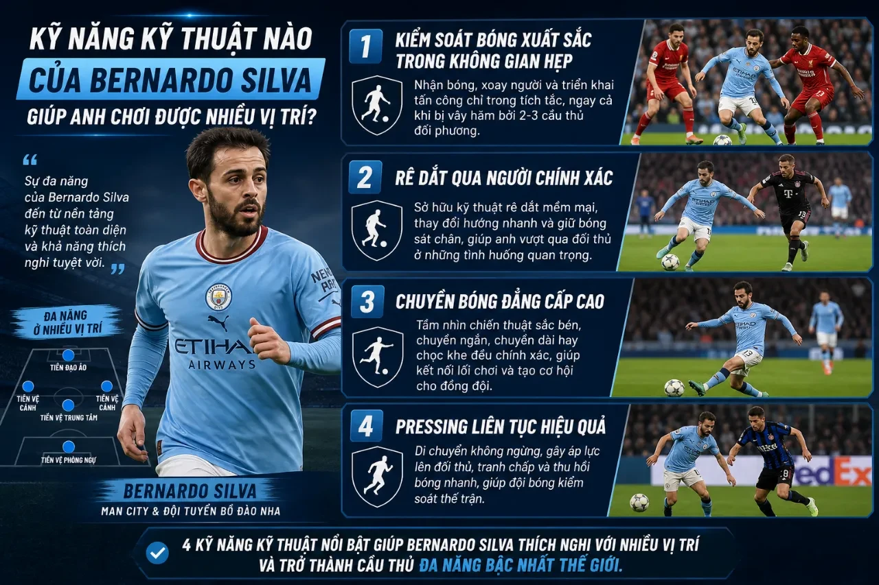 Bernardo Silva đi bóng khéo léo vượt qua sự truy cản của các hậu vệ đối phương