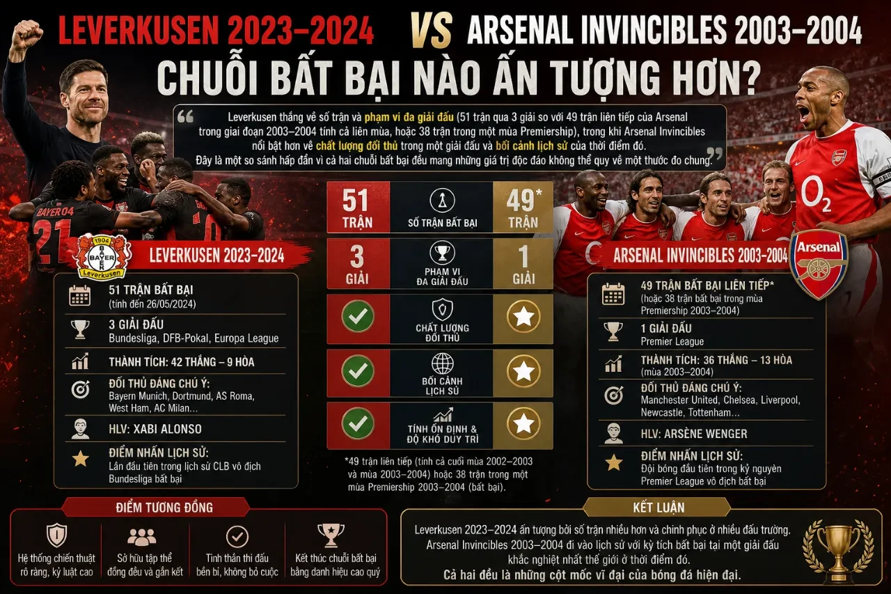 So sánh kỷ lục chuỗi trận bất bại giữa Leverkusen 2023-2024 và Arsenal Invincibles
