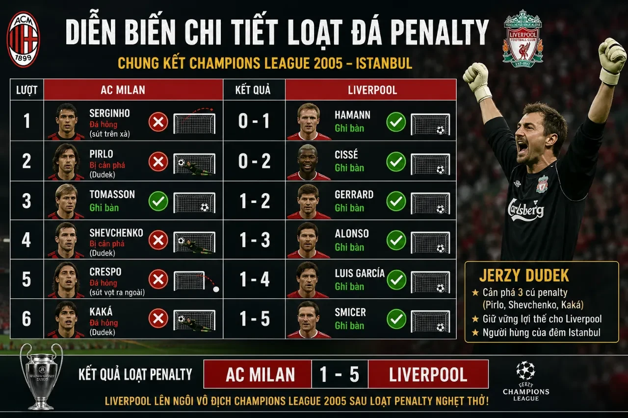 Bảng thống kê kết quả cân não của loạt sút luân lưu penalty đầy kịch tính giữa hai đội bóng lớn