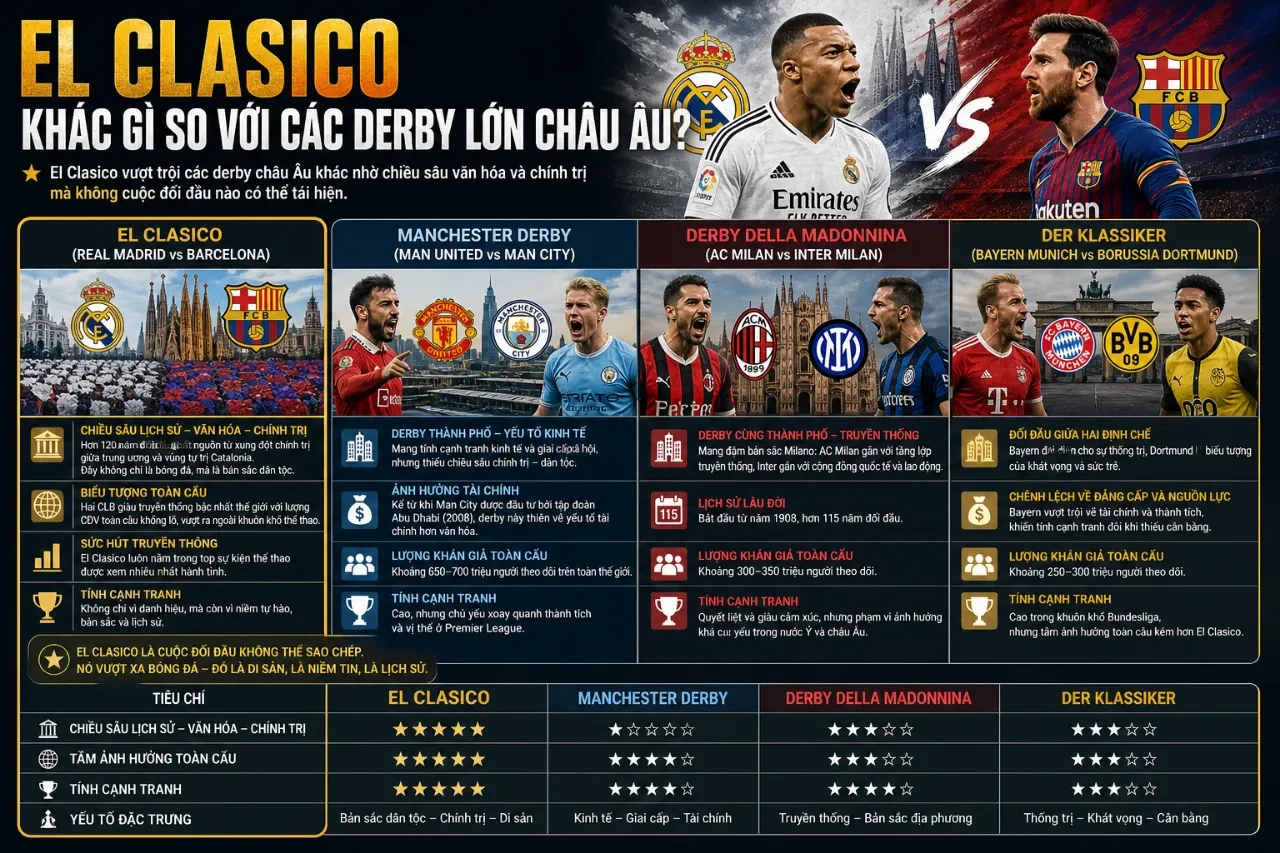 Bảng so sánh quy mô khán giả truyền hình giữa El Clasico và các trận derby lớn tại Anh, Ý, Đức