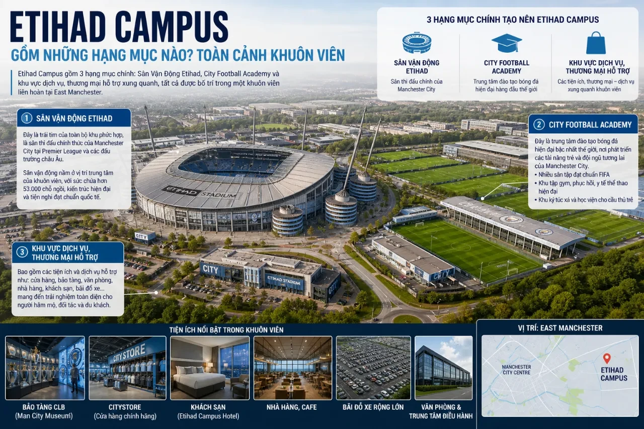 Sơ đồ quy hoạch tổng thể toàn cảnh khu phức hợp thể thao Etihad Campus nhìn từ trên cao bao gồm sân vận động và hệ thống sân tập liên hoàn