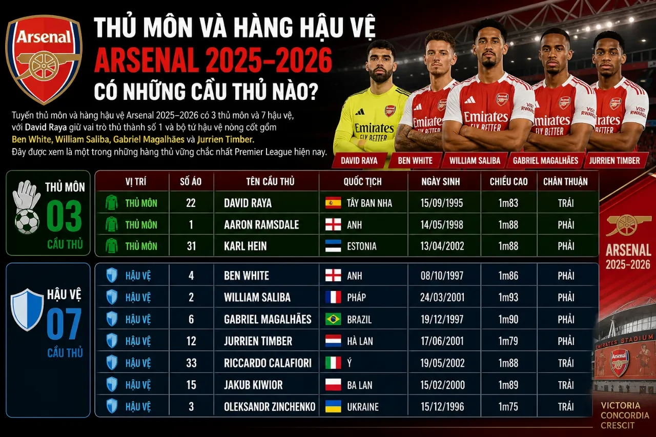 Khám Phá Đội Hình Arsenal 2025–2026: Danh Sách Cầu Thủ & Những Trụ Cột Không Thể Thiếu Của Pháo Thủ