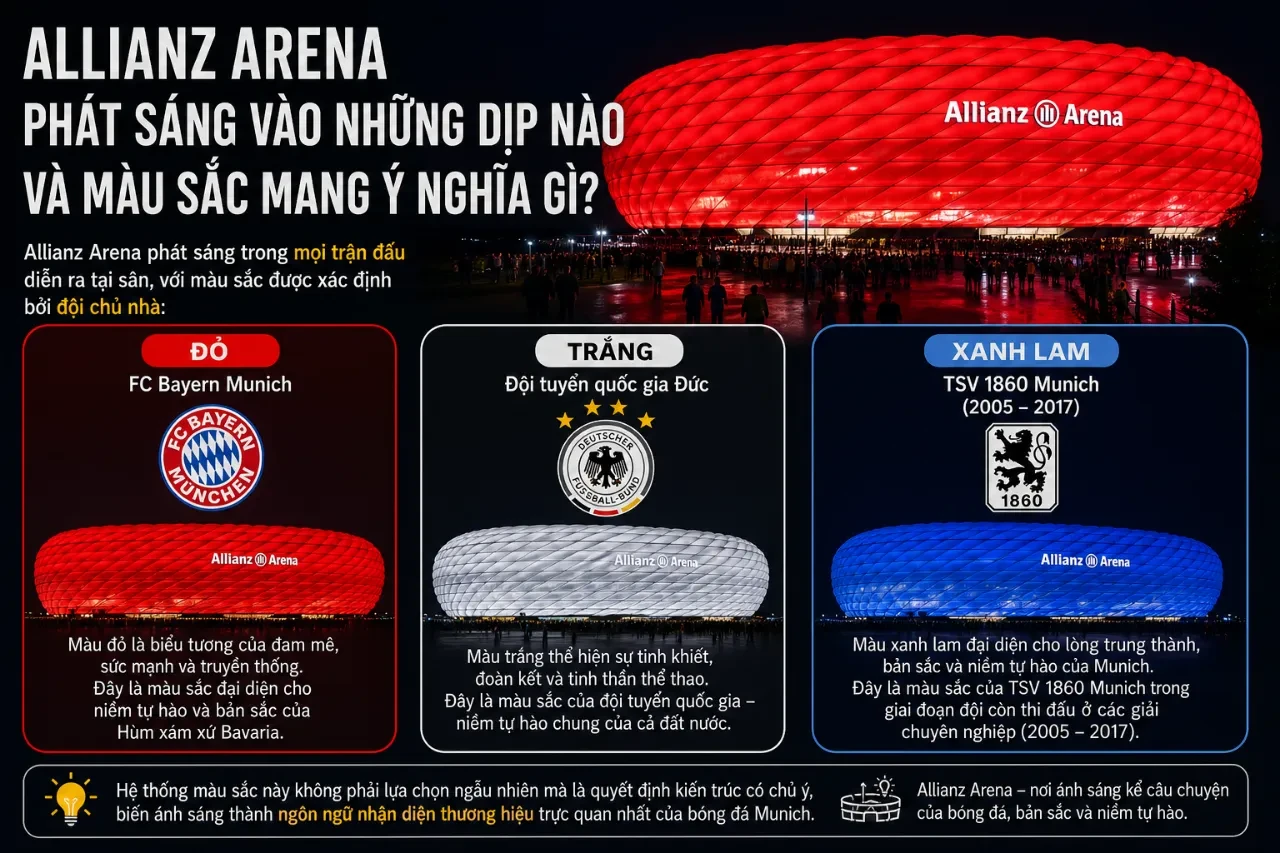 Kiến trúc chiếu sáng đầy tính biểu tượng của sân Allianz Arena theo danh tính đội chủ nhà