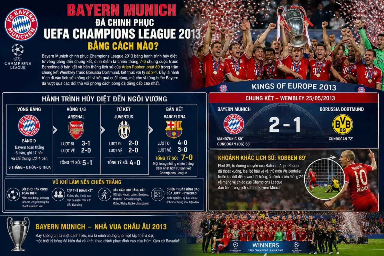Khoảnh khắc tiền vệ cánh người Hà Lan Arjen Robben và đồng đội ăn mừng chức vô địch Champions League năm 2013