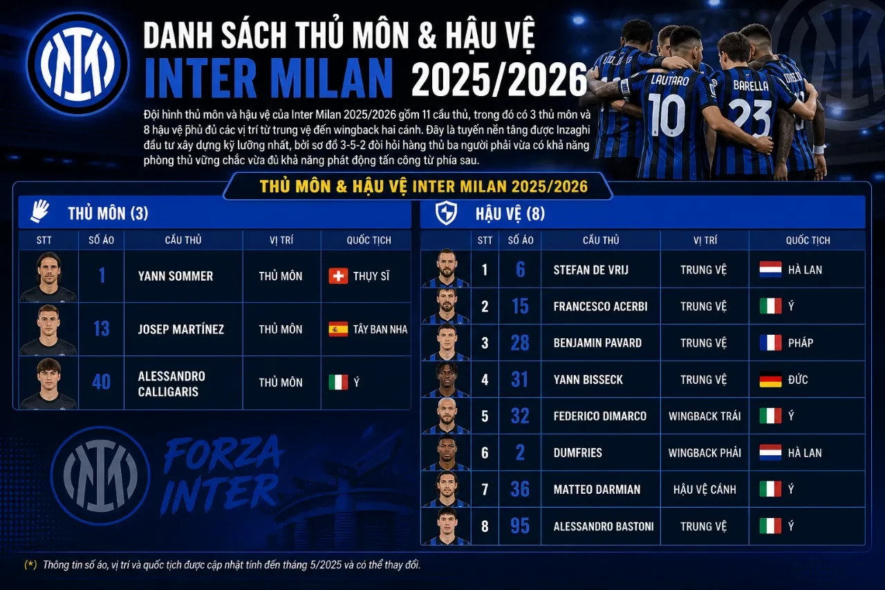 Danh Sách Thủ Môn Và Hậu Vệ Inter Milan 2025/2026