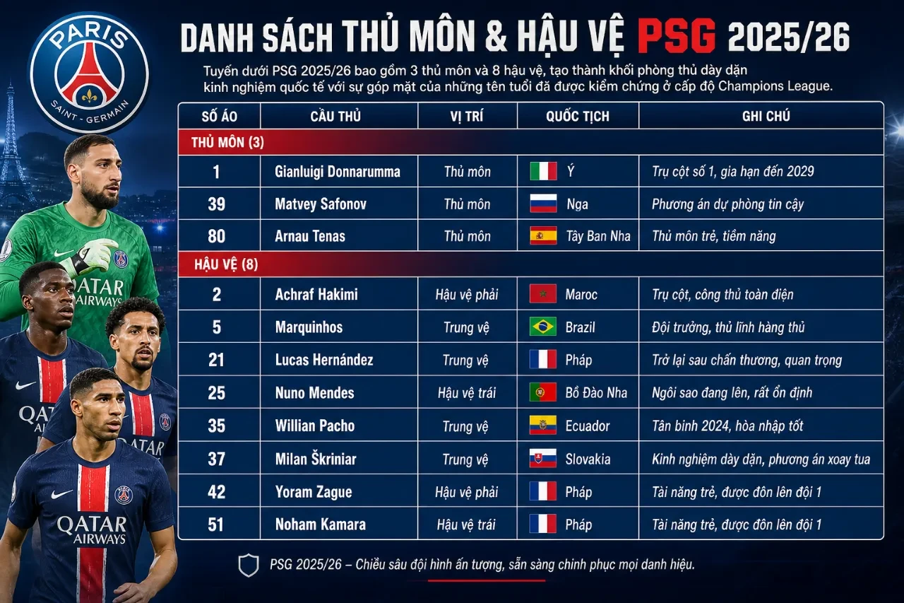 Các cầu thủ phòng ngự và thủ môn của câu lạc bộ Paris Saint-Germain đang tập luyện trên sân.