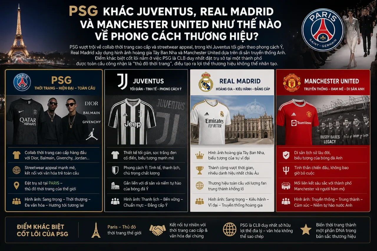 So sánh phong cách thương hiệu thời trang của PSG với các ông lớn bóng đá châu Âu.