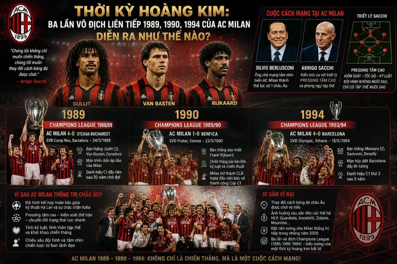 Đội hình thế hệ vàng AC Milan trong giai đoạn thống trị đỉnh cao châu Âu cuối thập niên 80 và đầu 90