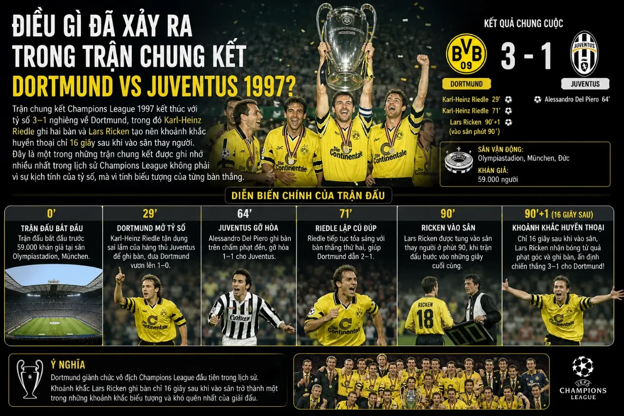 Cảnh tượng kịch tính trong trận chung kết lịch sử năm 1997 giữa Dortmund và Juventus tại Munich
