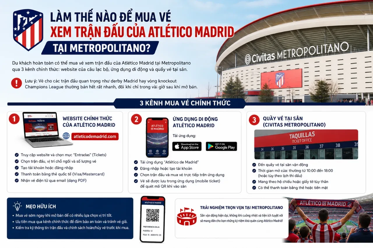 Làm thế nào để mua vé xem trận đấu của Atlético Madrid tại Metropolitano?