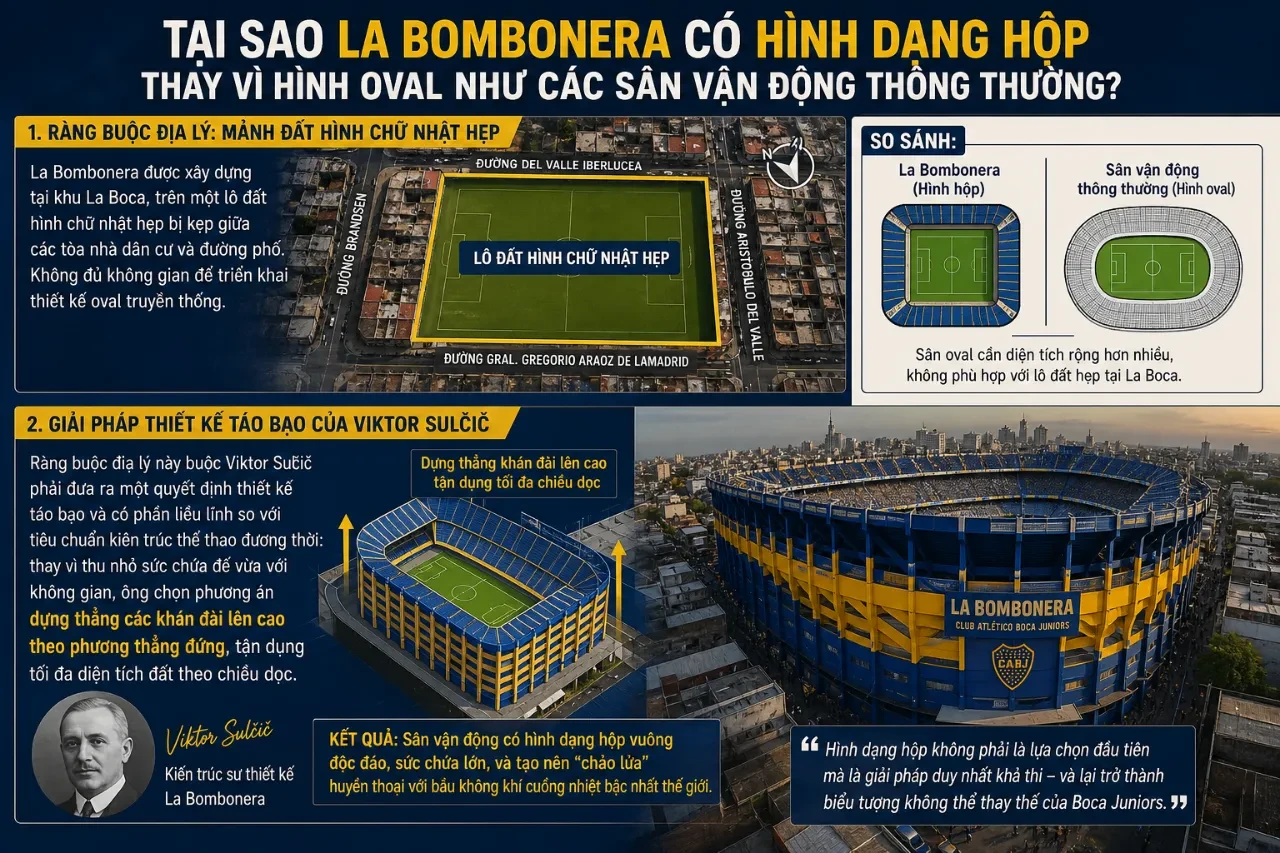 Góc chụp toàn cảnh kiến trúc hộp vuông đặc trưng của sân nhà Boca Juniors
