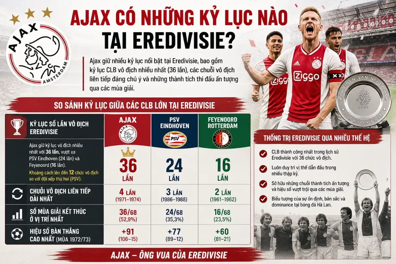 Thống kê các kỷ lục nổi bật của CLB Ajax tại giải VĐQG Hà Lan Eredivisie
