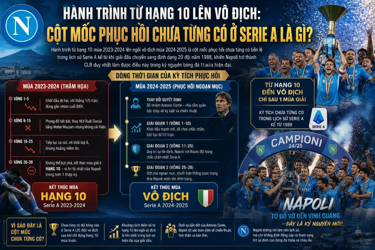 Hành Trình Từ Hạng 10 Lên Vô Địch: Cột Mốc Phục Hồi Chưa Từng Có Ở Serie A Là Gì