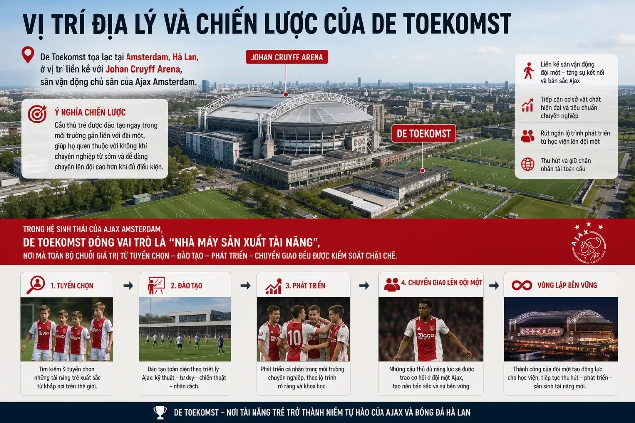 Khuôn viên và vị trí chiến lược của học viện De Toekomst cạnh Johan Cruyff Arena