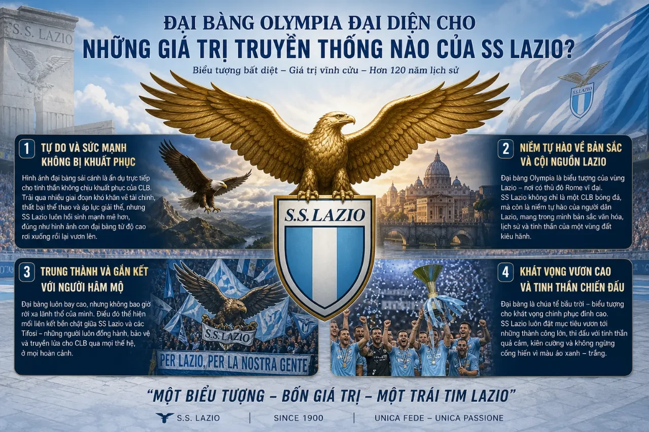 Con đại bàng Olimpia chao lượn cất cánh tung bay trên bầu trời sân vận động Olimpico