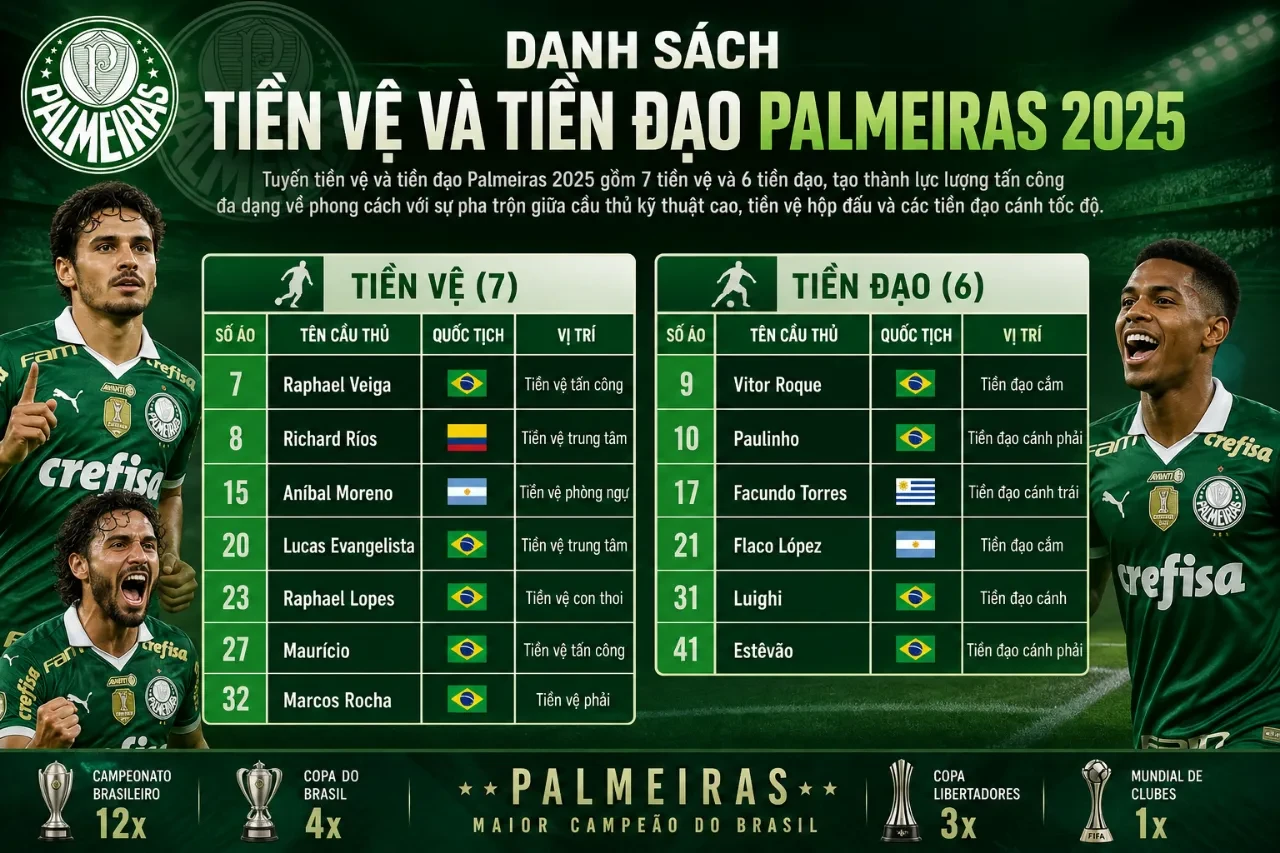 Danh sách chi tiết các cầu thủ ở tuyến tiền vệ và tiền đạo của câu lạc bộ Palmeiras.