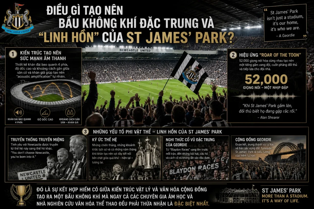 Biển người cổ động viên vẫy cờ đen trắng phủ kín các khán đài St James Park