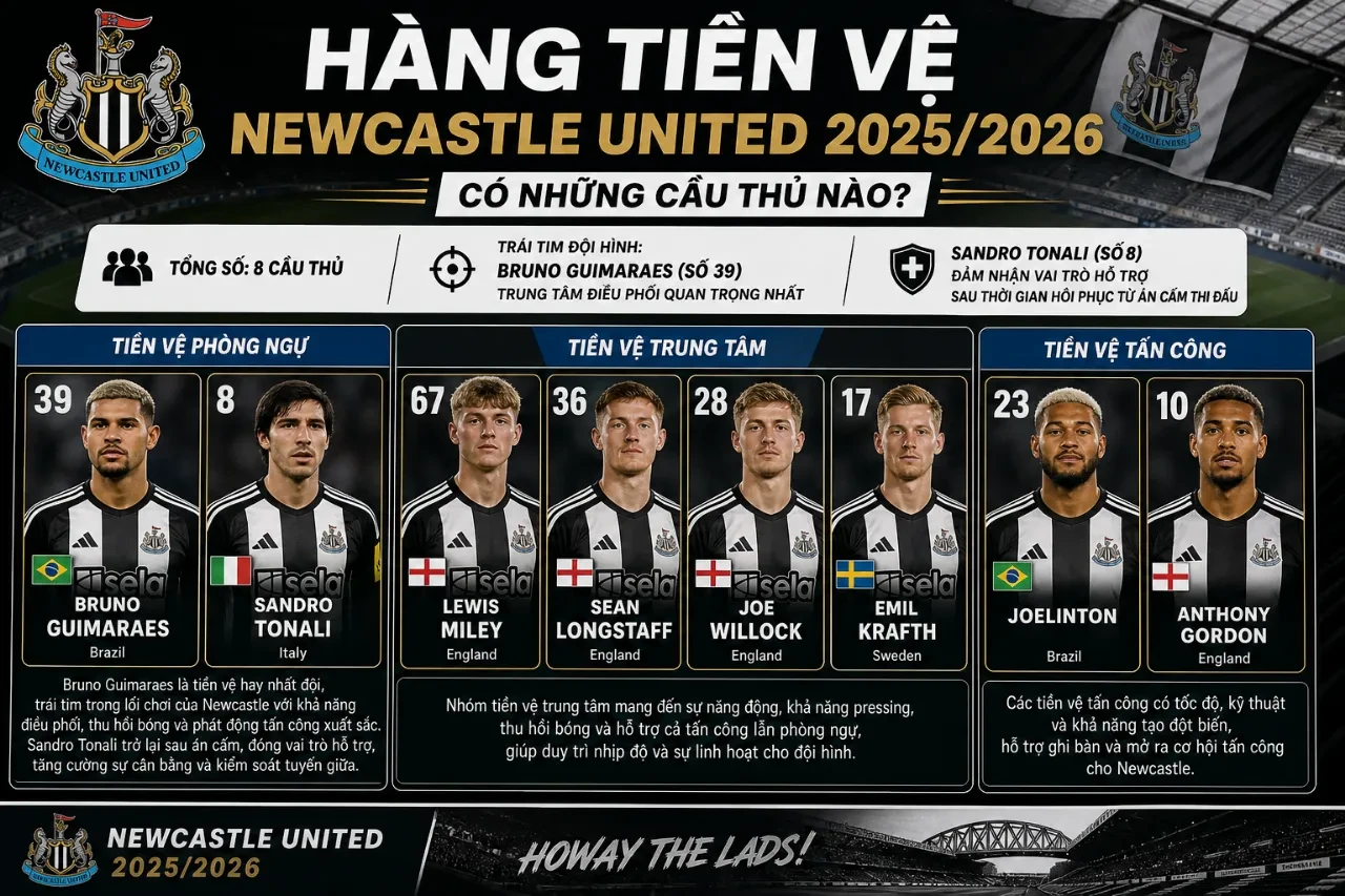 Bộ khung tiền vệ kiểm soát khu vực trung tuyến của Newcastle United trên sân tập