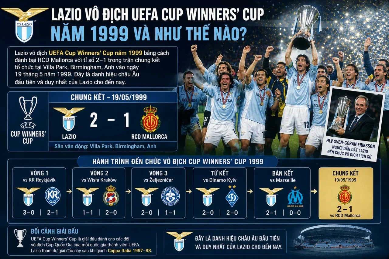 Đội hình Lazio nâng cúp vô địch Cúp C2 châu Âu năm 1999 ăn mừng chiến thắng